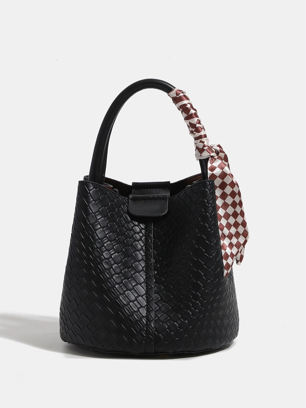 Woven Texture Bucket Handbag with Decorative Scarf